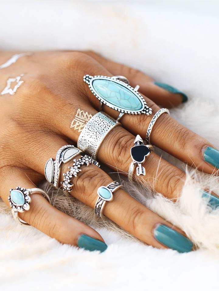 Romwe Heart & Flower Design Ring Set With Turquoise