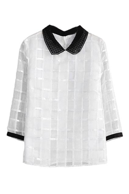 Romwe Romwe Dual-tone Mesh Check Lined White Blouse