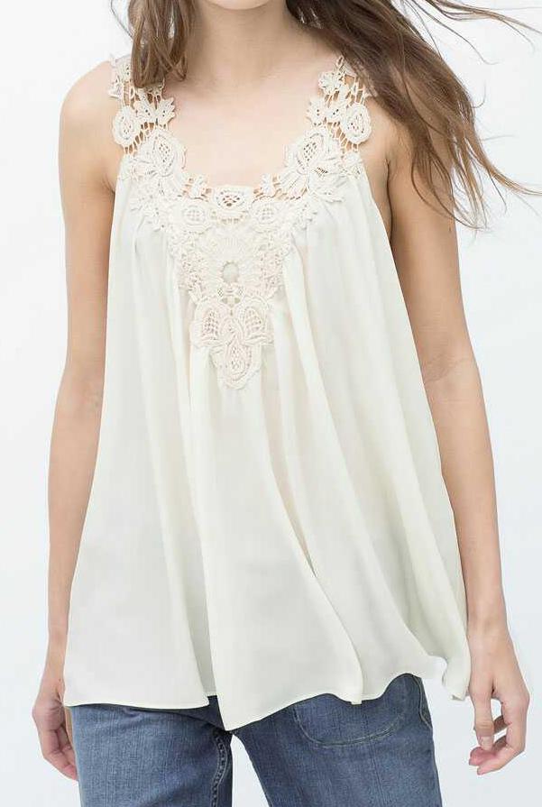 Romwe Floral Crochet Hollow White Tank Top