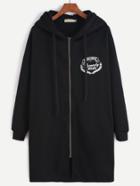 Romwe Black Printed Raglan Sleeve Zipper Drawstring Hooded Sweatshirt