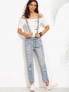 Romwe Blue Button Fly Ripped Bleach Wash Jeans With Strap