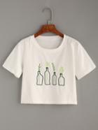Romwe White Plant Embroidered T-shirt