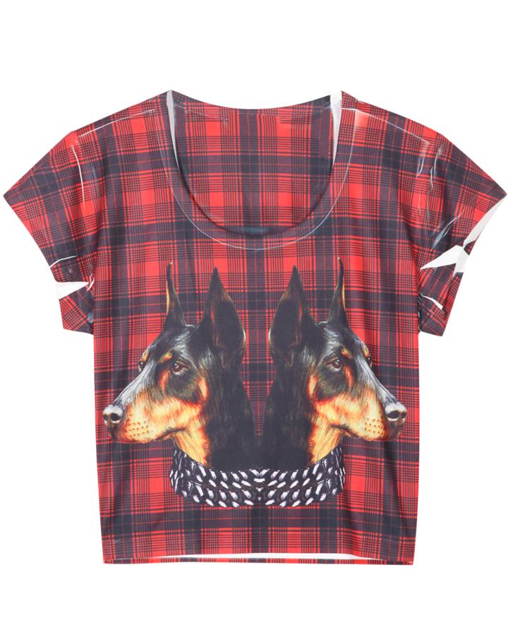 Romwe Round Neck Plaid Dog Print Crop T-shirt