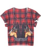 Romwe Round Neck Plaid Dog Print Crop T-shirt