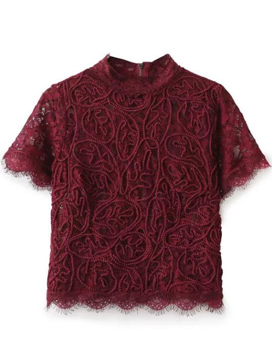 Romwe Burgundy Zipper Back Lace Top