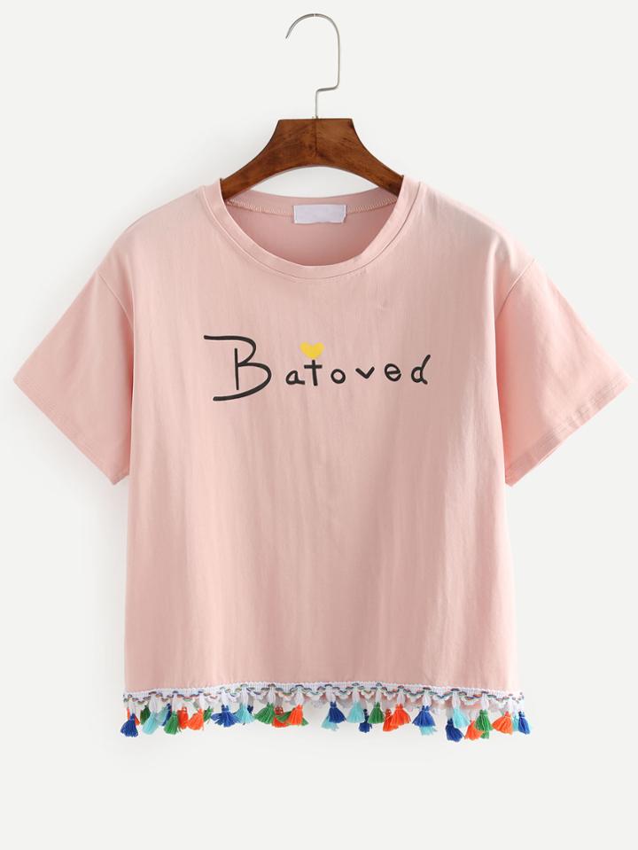Romwe Pink Letters Print Fringe Trim T-shirt