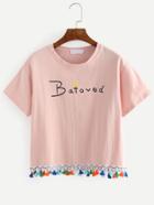 Romwe Pink Letters Print Fringe Trim T-shirt