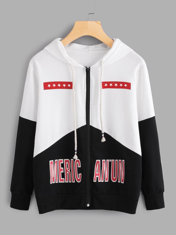 Romwe Slogan Print Color Block Zip Up Jacket