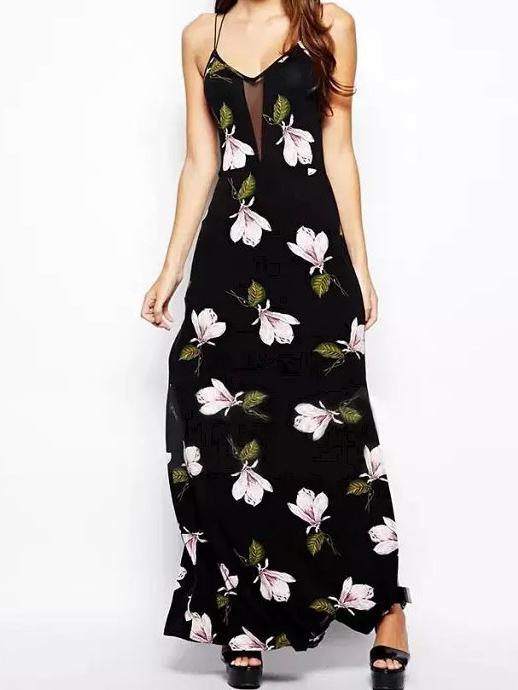 Romwe Black Spaghetti Strap Butterfly Print Maxi Dress