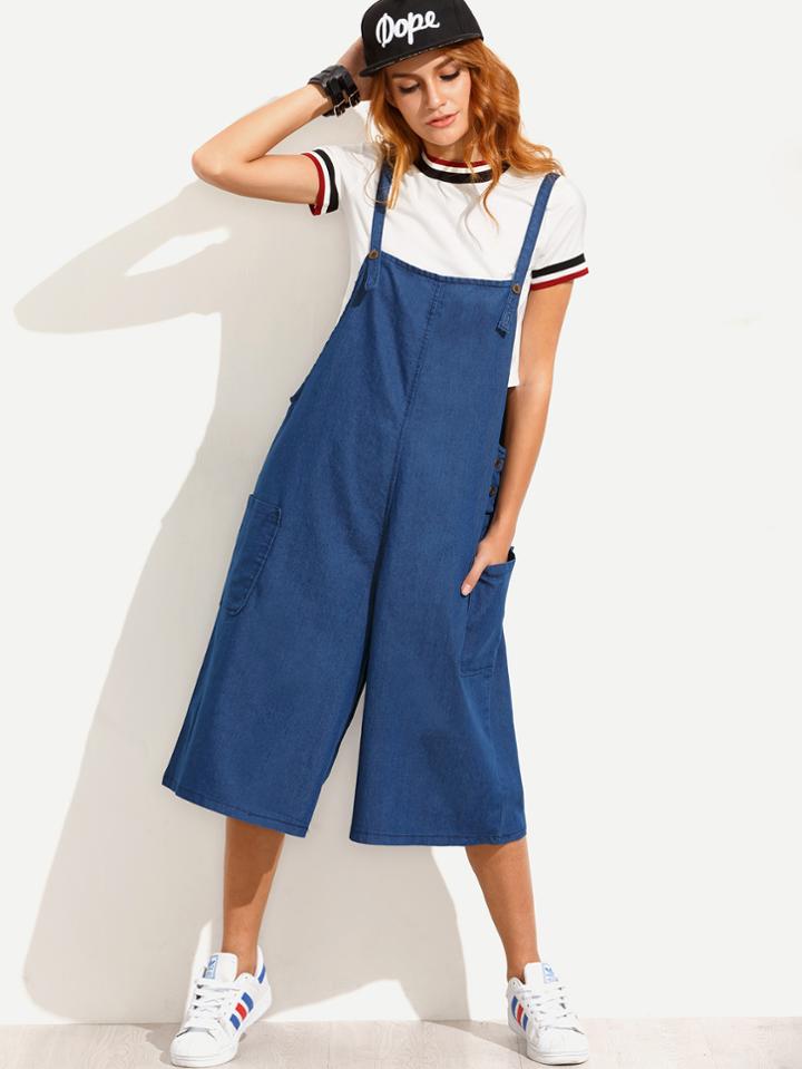 Romwe Blue Patch Pocket Side Wide Leg Denim Overalls