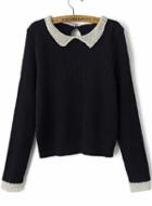 Romwe Contrast Collar Crop Knit Navy Sweater