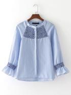 Romwe Raglan Sleeve Vertical Striped Embroidered Blouse