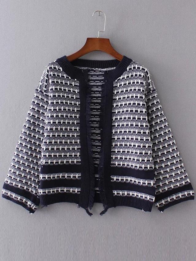 Romwe Navy Contrast Trim Fringe Detail Sweater Coat
