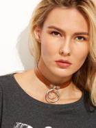 Romwe Coffee Faux Leather Double O Ring Choker Necklace