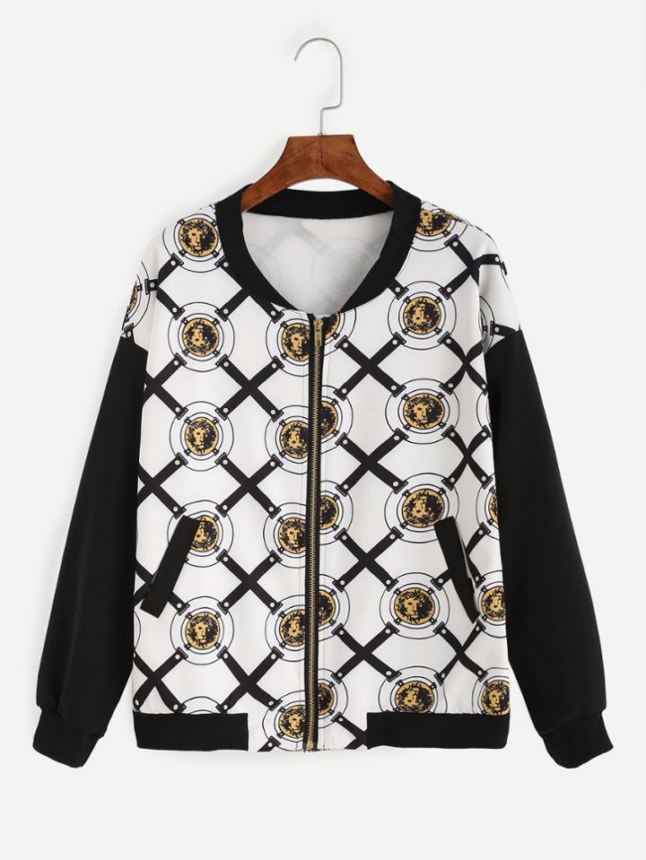 Romwe White Badge Print Contrast Sleeve Bomber Jacket