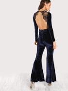 Romwe Lace Embellished Open Back Velvet Flare Jumpsuit