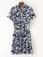 Romwe Floral Shirt Dress With Self Tie