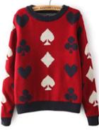 Romwe Poker Print Red Knit Sweater
