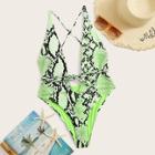 Romwe Neon Lime Self Tie Snakeskin One Piece Swim