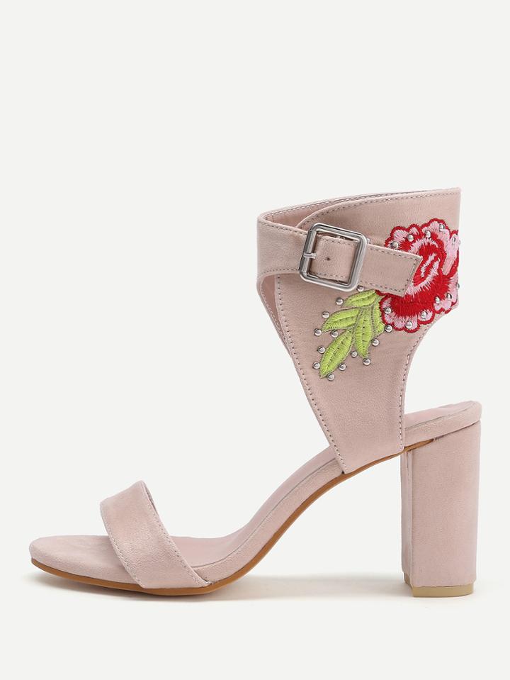 Romwe Flower Embroidery Ankle Cuff Block Heeled Sandals