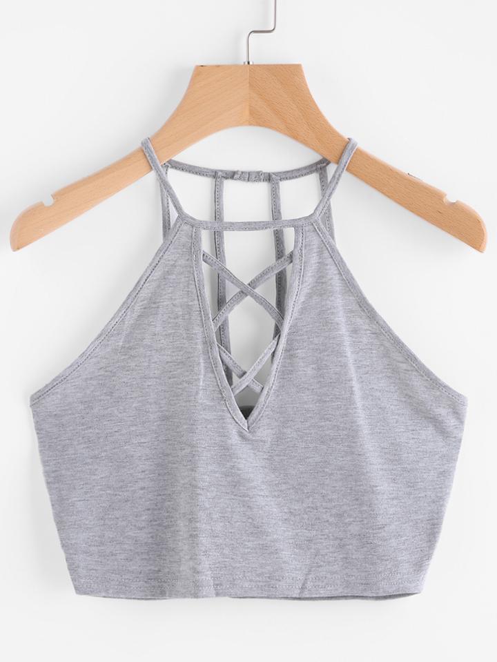 Romwe Criss Cross Plunged Strappy Back Top