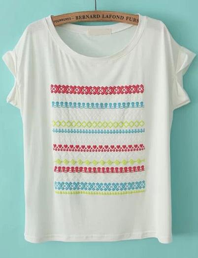 Romwe Round Neck Floral Loose White T-shirt