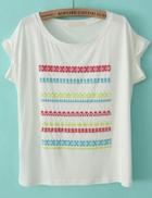 Romwe Round Neck Floral Loose White T-shirt
