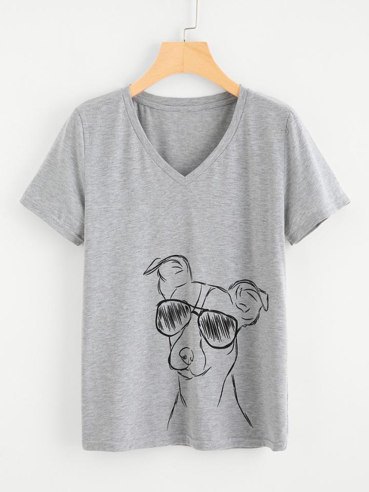 Romwe Dog Drawing Print Marled Tee