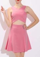 Romwe V Neck Hollow Pink Dress
