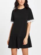 Romwe Pearl Beading Eyelet Embroidered Frill Cuff Dress