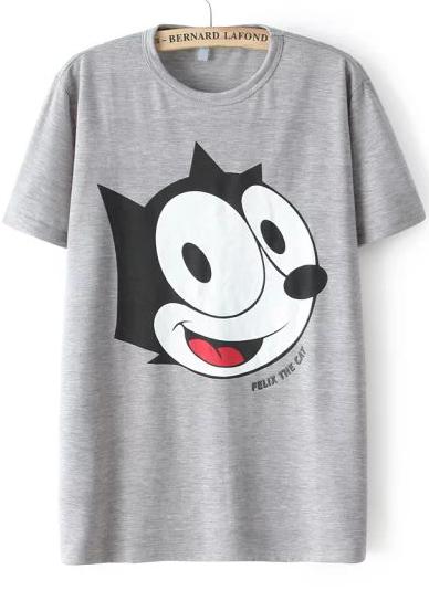 Romwe Grey Short Sleeve Felix Print T-shirt