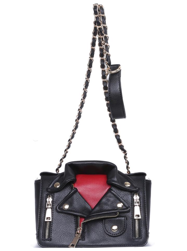 Romwe Black Zipper Clothes Pattern Pu Shoulder Bag