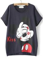 Romwe Dip Hem Lips Mickey Print Navy T-shirt