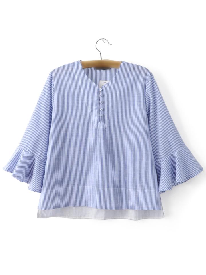 Romwe Blue Ruffle Sleeve High Low Stripe Blouse