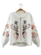 Romwe White Embroidery Zipper Up High Low Sweater Coat