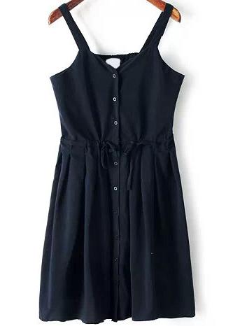 Romwe Spaghetti Strap Drawstring With Buttons Pleated Dress