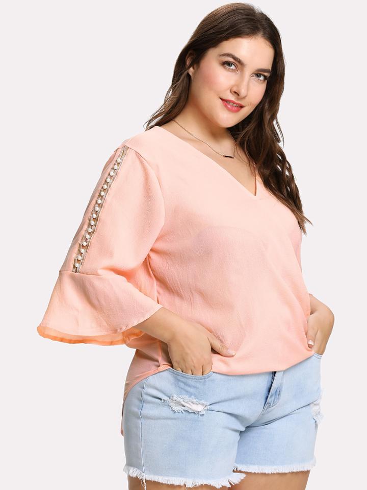 Romwe Faux Pearl Detail Surplice Blouse