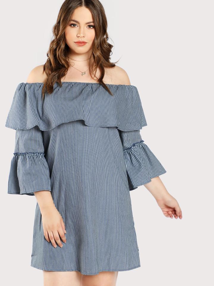 Romwe Flounce Off Shoulder Pinstripe Dress