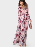 Romwe Flower Print Long Cuff Sleeve Surplice Wrap Dress