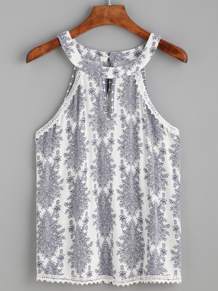 Romwe White Ornate Print Double Keyhole Halter Neck Top