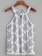 Romwe White Ornate Print Double Keyhole Halter Neck Top