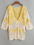Romwe Yellow V Neck Embroidered Eyelet Crochet Lace Cover Up
