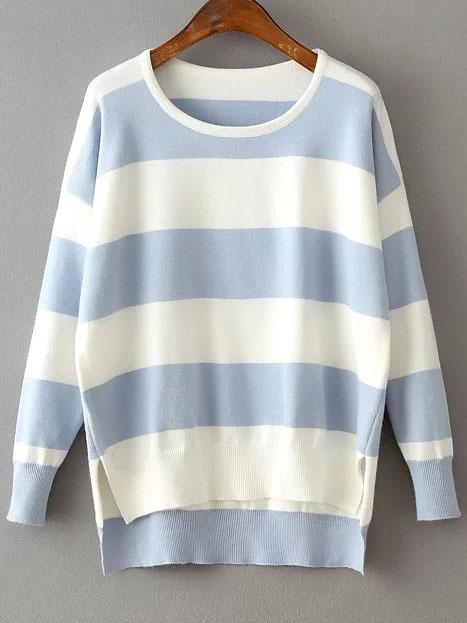 Romwe Blue Contrast Striped Split Side Dip Hem Knitwear
