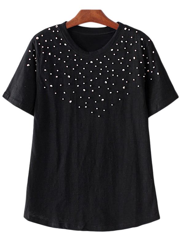 Romwe Black Short Sleeve Rivets Casual T-shirt