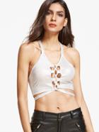 Romwe Silver Lace Up Front Crop Halter Neck Top