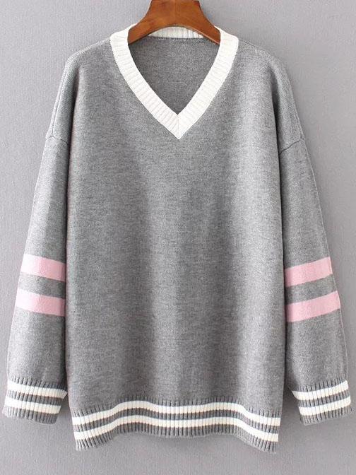 Romwe Grey Striped Trim Contrast V Neck Sweater