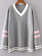 Romwe Grey Striped Trim Contrast V Neck Sweater