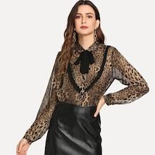 Romwe Tie Neck Collar Neck Leopard Print Top