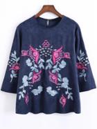 Romwe Blue Floral Embroidery Suede Blouse