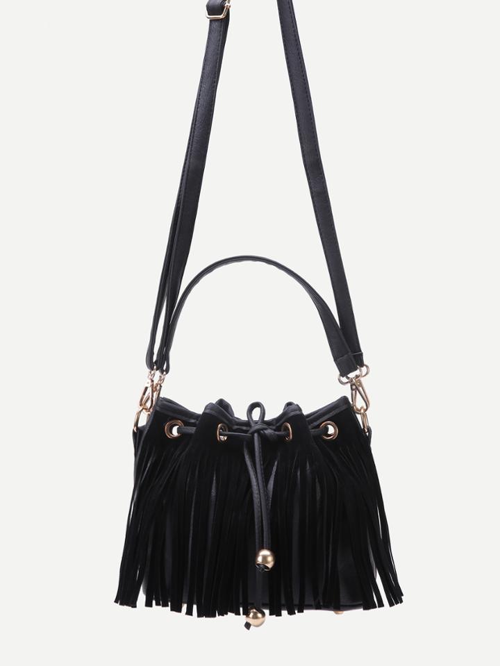 Romwe Black Pu Tassel Fringe Drawstring Bucket Bag